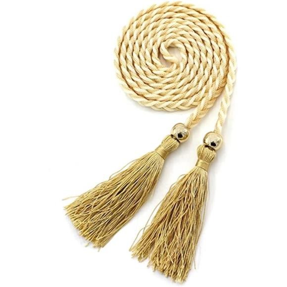 Women Girls Braided Knotted Waist Belt Skinny Color Rope Exotic Chain Tassel main image 9